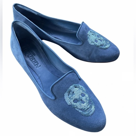 Alexander McQueen Embroidered Sequined Skull Smoking loafer Cadet Blue - Picture 1 of 6